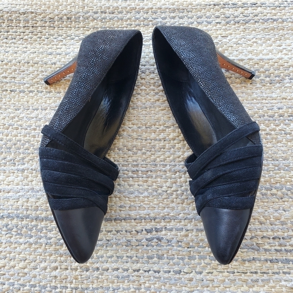 Rebecca Minkoff Snake Print Leather Suede Crisscross Studded Heels Black 10